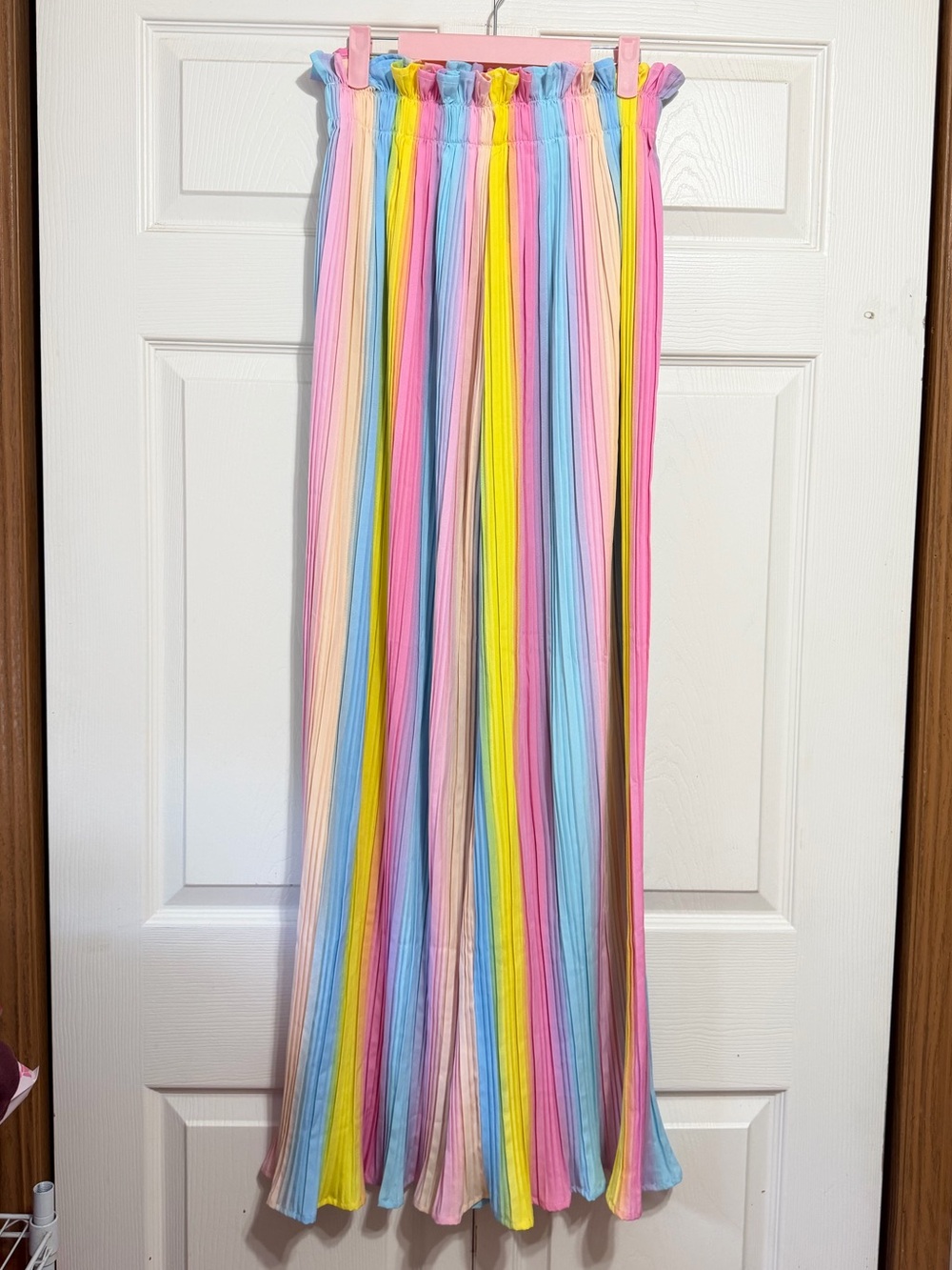 Wide Leg Rainbow Stripe Palazzo Pants - Pink Blue Yellow